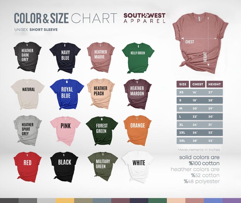 The image is a color and size chart for South West apparel, featuring a variety of short sleeve t-shirts in different colors and sizes.