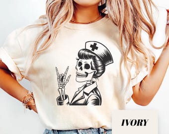 Comfort Colors® Skeleton Nurse Shirt: Rock Sign Halloween Sweatshirt