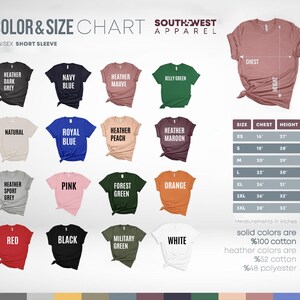 The image is a color and size chart for South West apparel, featuring a variety of short sleeve t-shirts in different colors and sizes.
