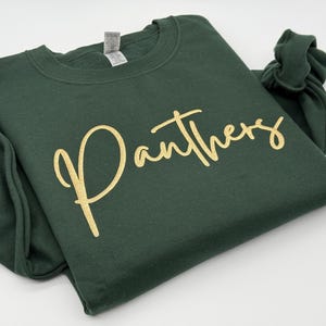 Peut inclure: Un sweat-shirt vert foncé avec le mot "Panthers" en lettres dorées sur le devant. Le sweat-shirt est plié, les manches sont visibles. Le tissu semble être une matière douce et confortable.