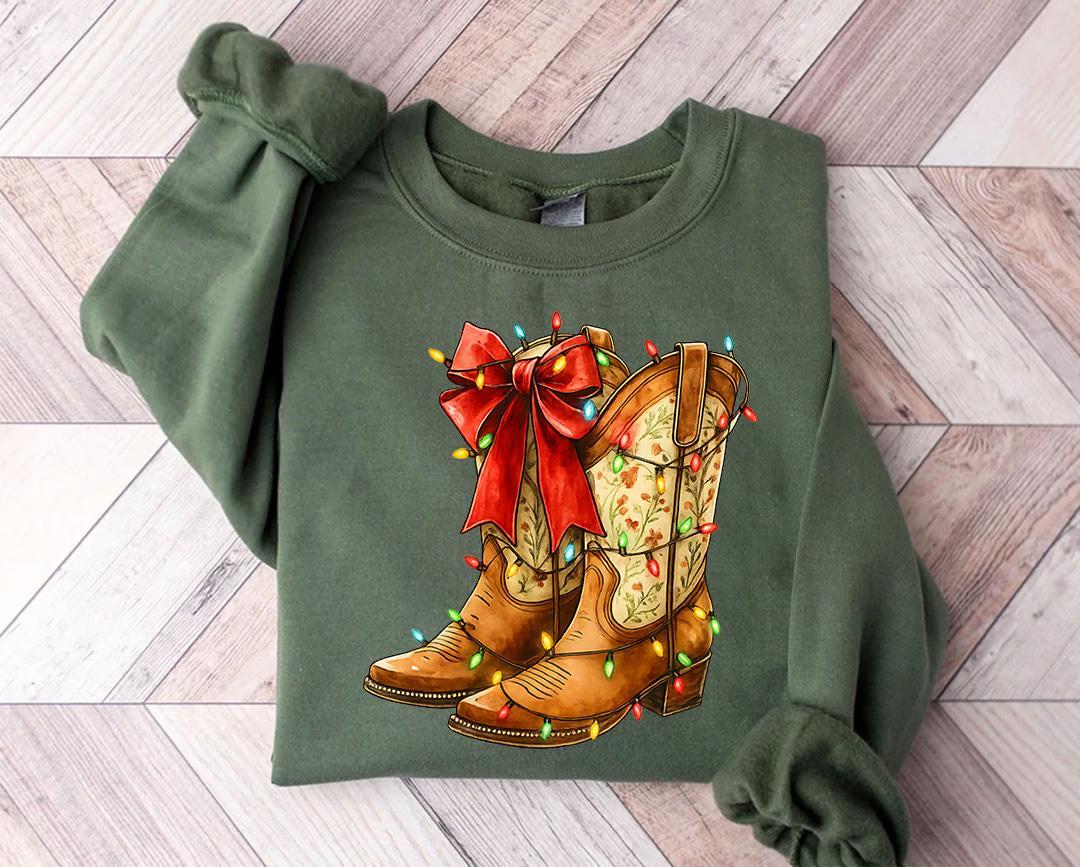 Sweatshirt à Motif Bottes De Cowboy Américain Avec Drapeau - Style Western Patriotique Pour Femmes (241 G)