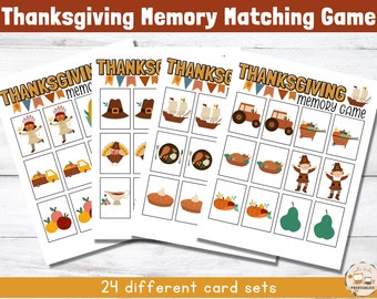 Printable Thanksgiving Matching Game, Thanksgiving Memory Game, Thanksgiving Party, Toddler and Preschool Games