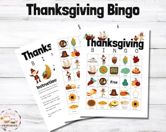 May include: A printable Thanksgiving Bingo game with a colorful design. The game includes images of traditional Thanksgiving foods, such as turkey, corn, and pumpkin pie. The game also includes images of other Thanksgiving-related items, such as pilgrims, cornucopias, and fall leaves. The game is perfect for a Thanksgiving party or family gathering.