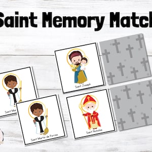 May include: A set of printable Saint Memory Match cards featuring illustrations of various saints, including Saint Joseph, Saint Nicholas, Saint Martin de Porres, and Saint Mar. The cards have a white background with black outlines and colorful illustrations. The cards are designed for a memory matching game.