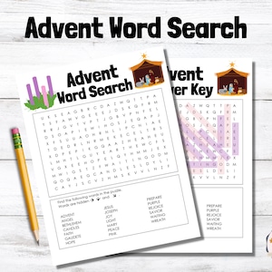 May include: A printable Advent word search puzzle with a purple and white color scheme. The puzzle features a manger scene with a star and a purple candle. The answer key is included on the right side of the page.