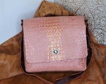 Rose Gold and Gold Leather Crocodile Embossed Crossbody Bag