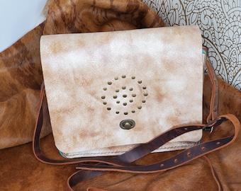 Rustic Tan and Turquoise Leather Crossbody Bag