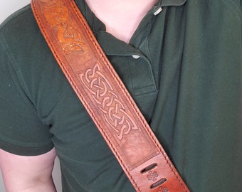 Hand-tooled, Adjustable Leather Guitar Strap - Celtic Knotwork Wolves