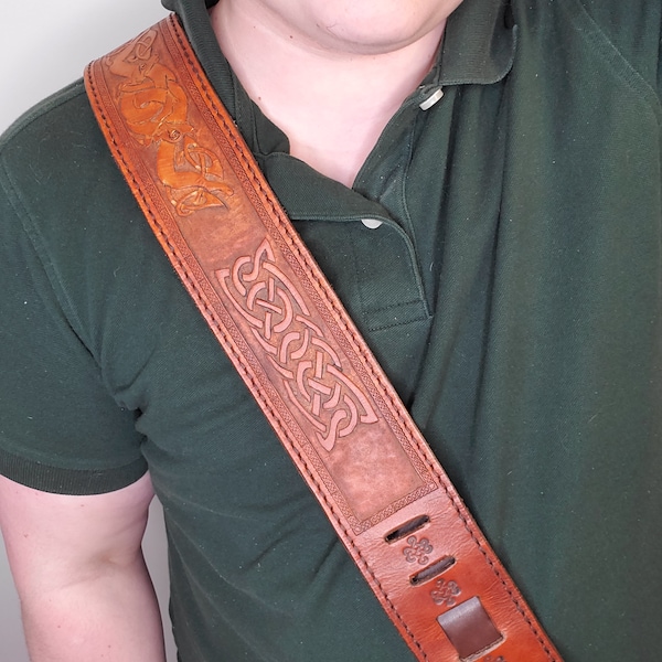 Hand-tooled, Adjustable Leather Guitar Strap - Celtic Knotwork Wolves