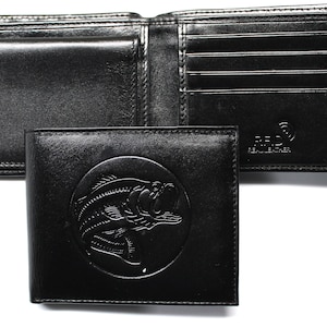 Billetera para pesca de lubina en cuero negro con relieve