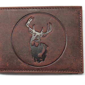 Cartera de identificación delgada de cuero con relieve de caza de ciervos - Cartera con bolsillo frontal