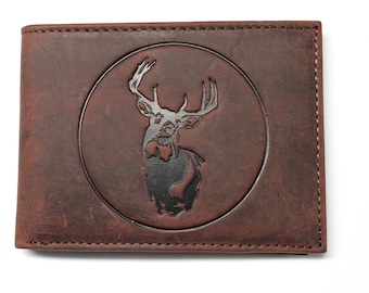 Deer Hunting Embossed Leather Slim ID Billfold - Front Pocket Wallet