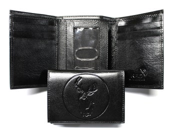 Deer Hunting Trifold Wallet Black Leather Embossed