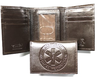 EMT Emergency Medical Tech Trifold Wallet Black Leather Embossed