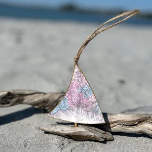 Christmas Ornament - Sailboat/Driftwood/Map of coastal Maine, w/gift box
