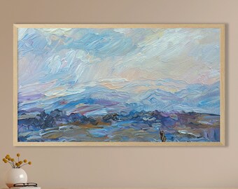 Blaues Ölgemälde Samsung Rahmen TV Kunst, Aquarell Landschaft Kunst, neutrale Töne, zeitgenössische Kunst, beruhigende Wandkunst, digitaler Download