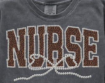 Nurse Png, Leopard Nurse Coquette Bow Png, Pearl Nurse Shirt Png Sublimation, Preppy Shirt Design, Retro Trendy Png Design for Nurse