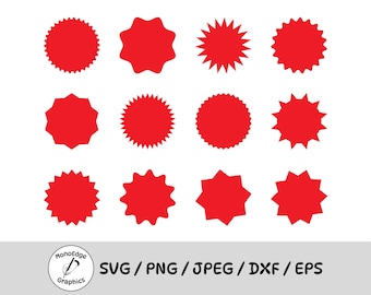 Starburst SVG Bundle, 12 Black Starburst Badges, Sunburst Badge, Star Labels Cut Files For Cricut, Simple Shapes for Craft, Digital Download