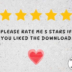 Pode incluir: Imagem com cinco estrelas amarelas, um cora&ccedil;&atilde;o vermelho e o texto "PLEASE RATE ME 5 STARS IF YOU LIKED THE DOWNLOAD." Um pequeno logotipo circular com o texto "MonoEdge Graphics" est&aacute; no canto inferior direito.