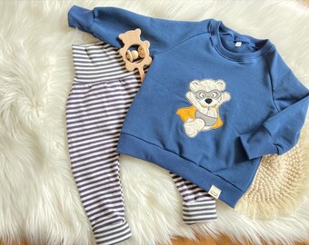 Outfit Baby Sweater Pulli und Pumphose blau gestreift Teddy