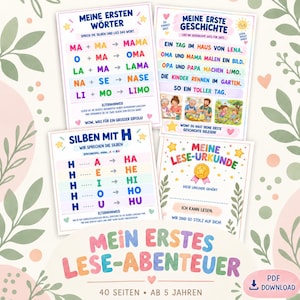 Peut inclure: Quatre fiches pédagogiques intitulées Meine Ersten Wörter, Meine Erste Geschichte, Silben mit H et Meine Lese-Urkunde, avec du texte allemand coloré, des exercices de syllabes, des phrases courtes, des illustrations de familles et un diplôme.