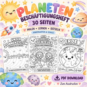 Peut inclure: Un livre d'activités numérique intitulé PLANETEN BESCHÄFTIGUNGSHEFT 30 SEITEN avec des illustrations colorées du soleil, des planètes et d'une fusée. Il comprend trois pages d'activités en noir et blanc sur le thème de l'espace, des astronautes et de la Terre, disponible en téléchargement PDF pour impression.