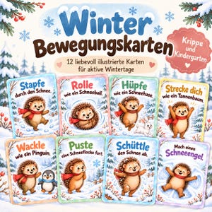 May include: A set of 12 Winter Bewegungskarten activity cards for nursery and kindergarten featuring illustrations of a hedgehog in a red scarf performing winter actions like jumping, rolling, and making snow angels in a snowy landscape.