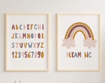Boho Alphabet and Numbers Print For Nursery | Kids Educational Prints | Boho Rainbow Print | Printable Nursery Art | Nursery Wall Art