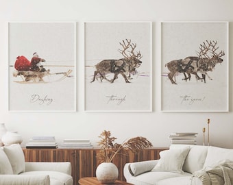 Santa Claus with a sleigh print , Printable Christmas wall art, Christmas print set of 3, Christmas home decor, Christmas instant download