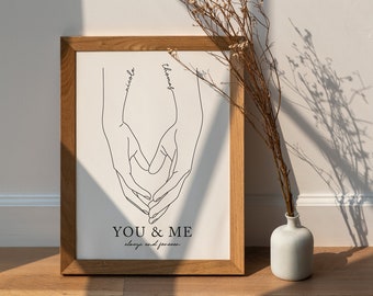 Personalised Couples Anniversary Print, Valentines gift for him & her, Holding hands line art, Personalised anniversary gift, Couple gift