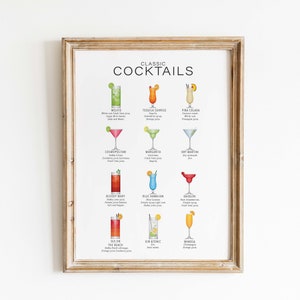 Impresión de cócteles, Póster de cócteles, Cartel de cóctel, Póster de receta de cóctel, Impresión de guía de cócteles, Arte de pared de cocina, Decoración de cocina