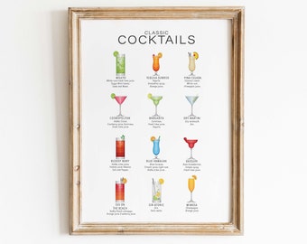 Cocktails print, Cocktails poster, Cocktail sign, Cocktail recipe poster, Cocktail guide print, Kitchen Wall Art, Kitchen decor
