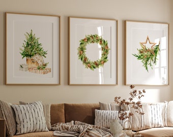 Christmas print set of 3, Watercolour Christmas tree & wreath, Christmas printable wall art, Christmas wall decor, Christmas print download