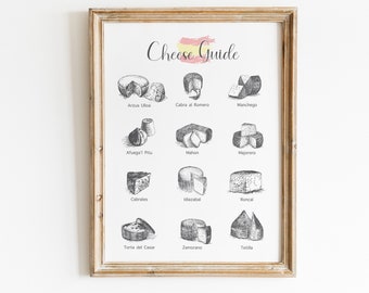 Types of Spanish cheese guide, Cheese guide print, Cheese lover gift, Cheese Poster, Kitchen prints wall art, Kitchen decor