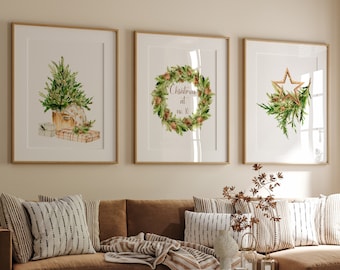 Personalised Christmas print set of 3, Christmas tree & wreath, Christmas printable wall art, Christmas wall decor, Christmas print download