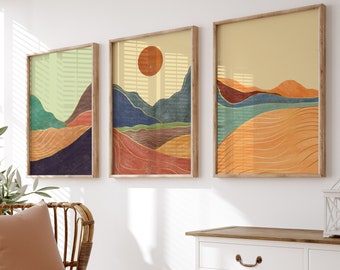 Modern Desert Landscape Print, Mid century modern wall art, Set of 3 Boho wall art, Abstract Landscape Print, Modern Boho wall art