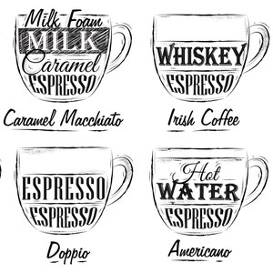 May include: A black and white illustration of four coffee cups with different coffee drinks. The cups are labeled with the names of the drinks: Caramel Macchiato, Irish Coffee, Doppio, and Americano.