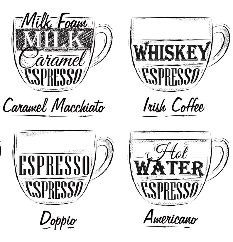 May include: A black and white illustration of four coffee cups with different coffee drinks. The cups are labeled with the names of the drinks: Caramel Macchiato, Irish Coffee, Doppio, and Americano.