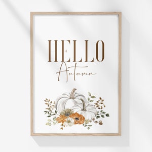 May include: A framed print with the text "HELLO Autumn" in brown lettering. The print features a watercolour illustration of two white pumpkins with orange and white flowers and green leaves.