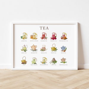 May include: A white framed poster with the word "TEA" in brown text at the top. The poster features illustrations of 15 different types of tea, each with a teapot and a cup of tea. The tea types are listed below each illustration, including Linden Tea, Honey & Ginger, Dogrose Tea, Hibiscus Tea, Winter Fruit Tea, Green Tea, Rooibos Tea, Masala Tea, White Tea, Black Tea, Pu-erh, Milk Oolong, Chamomile Tea, Mate Tea, and Lemongrass Tea.