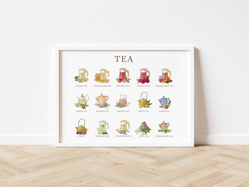 May include: A white framed poster with the word "TEA" in brown text at the top. The poster features illustrations of 15 different types of tea, each with a teapot and a cup of tea. The tea types are listed below each illustration, including Linden Tea, Honey & Ginger, Dogrose Tea, Hibiscus Tea, Winter Fruit Tea, Green Tea, Rooibos Tea, Masala Tea, White Tea, Black Tea, Pu-erh, Milk Oolong, Chamomile Tea, Mate Tea, and Lemongrass Tea.