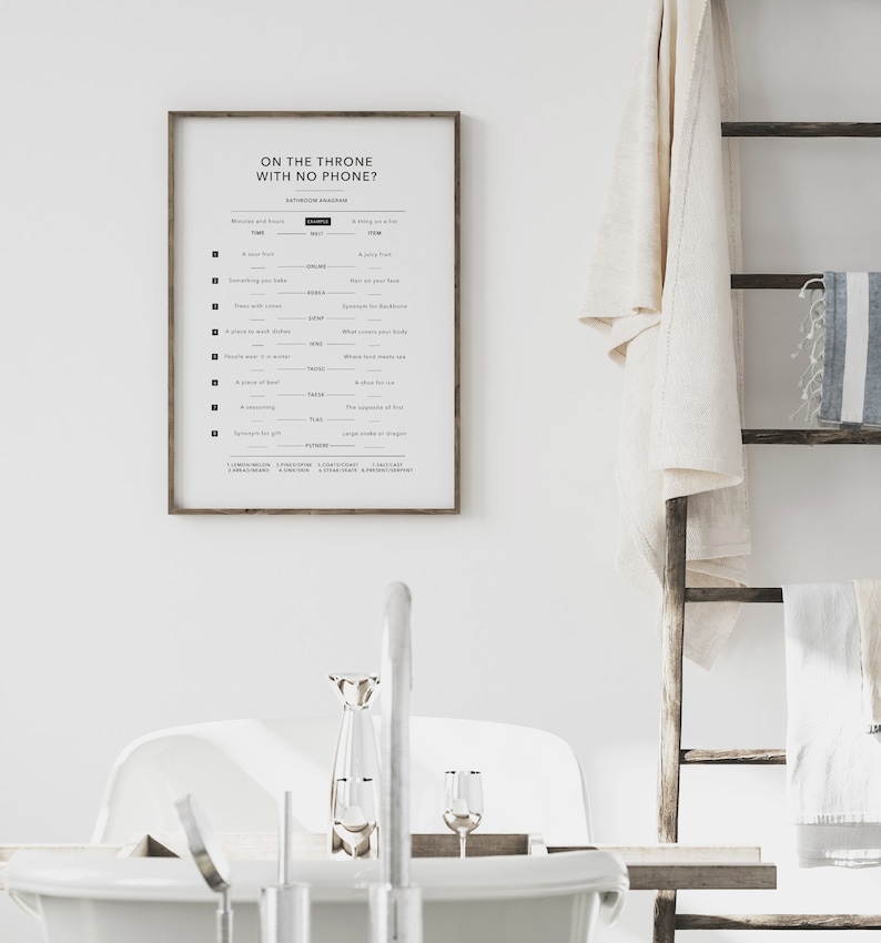 May include: A black and white printable bathroom word search puzzle with the title "On the Throne with No Phone?" The puzzle is a bathroom-themed anagram.