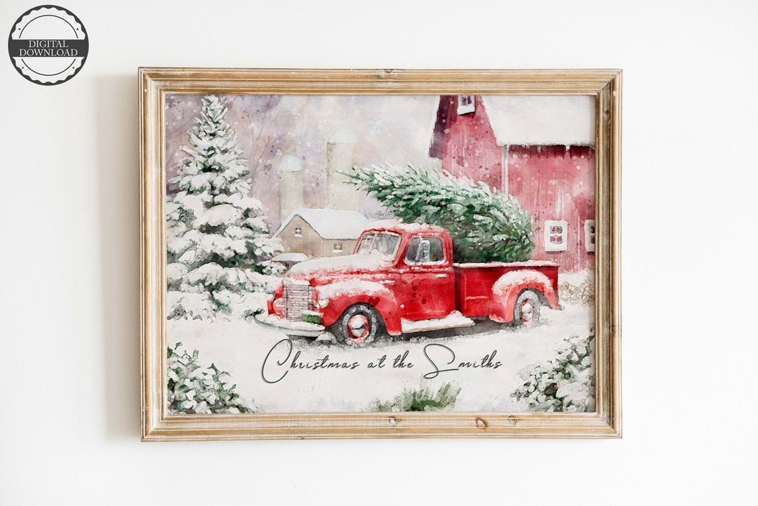 Red Truck Christmas Print, Vintage Christmas Truck, Personalised ...