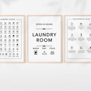 Juego de lavandería de 3 impresiones, Guía de lavandería, Guía de eliminación de manchas, Póster de cuidado de lavandería, Símbolos de lavandería imprimibles Decoración de la sala de lavandería