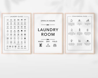 Laundry Room Set of 3 prints, Laundry Guide, Stain Removal Guide, Laundry care poster, Printable Laundry Symbols Laundry Room decor