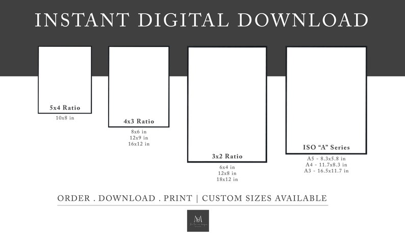 May include: A graphic showing different print sizes for digital downloads. The sizes are listed in inches and include 5x4, 4x3, 3x2 ratios, and ISO "A" series sizes.