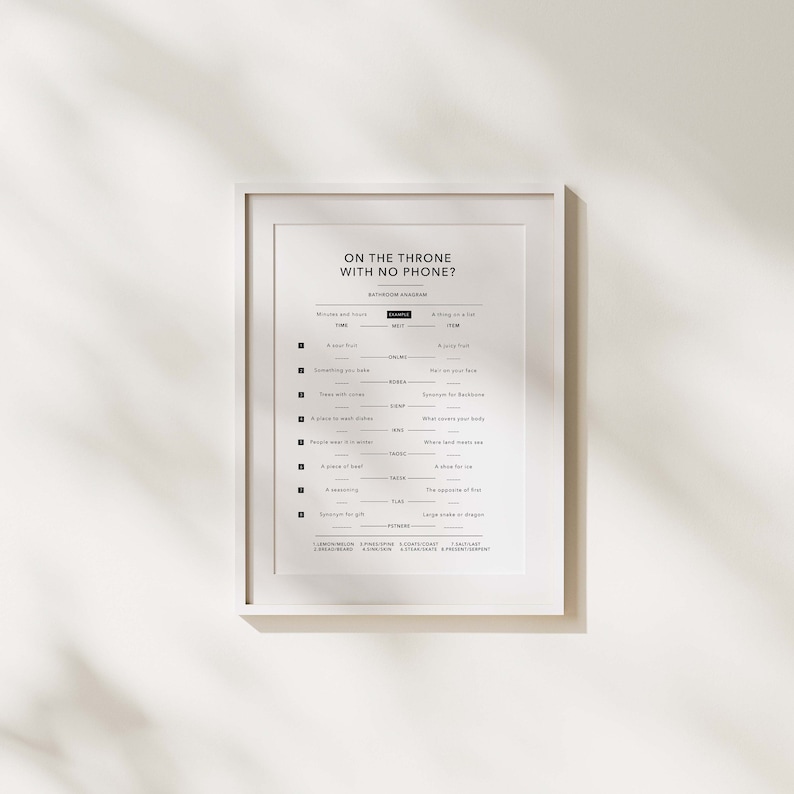 May include: Black and white printable bathroom word puzzle with the title "On the Throne with No Phone?"  The puzzle is a list of words and their corresponding answers.  For example, "Minutes and hours" is the answer to "Time".