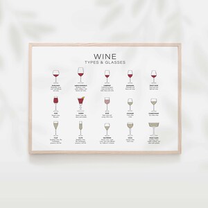 Puede incluir: Un p&oacute;ster blanco con el t&iacute;tulo "Wine Types & Glasses" e ilustraciones de diferentes copas de vino con sus nombres y descripciones correspondientes.