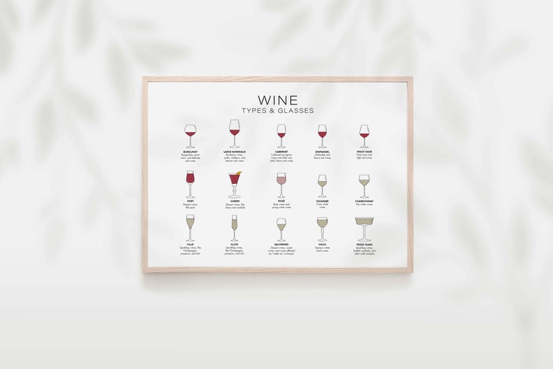 Puede incluir: Un p&oacute;ster blanco con el t&iacute;tulo "Wine Types & Glasses" e ilustraciones de diferentes copas de vino con sus nombres y descripciones correspondientes.