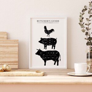 May include: Black and white illustration of a butcher's guide to cuts of meat. The illustration shows a rooster, a pig, and a cow, with the different cuts of meat labeled.